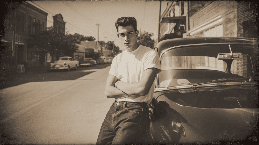 man met een glanzende pompadour in jaren 50-stijl naast een klassieke auto