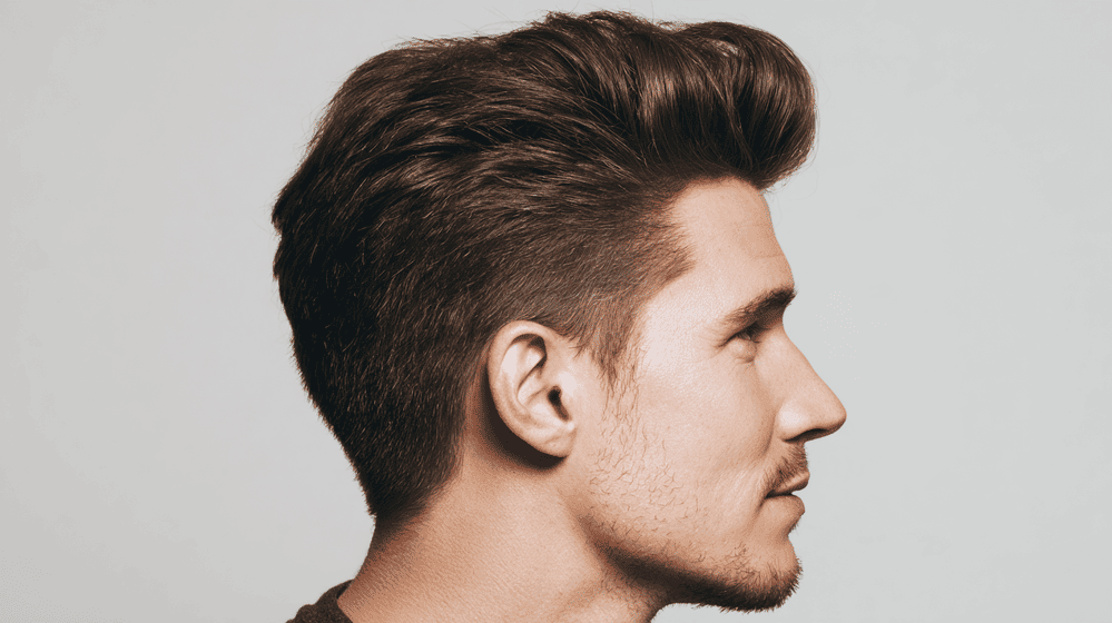 zijaanzicht van een pompadour kapsel met hoge kuif en kort geknipte zijkanten