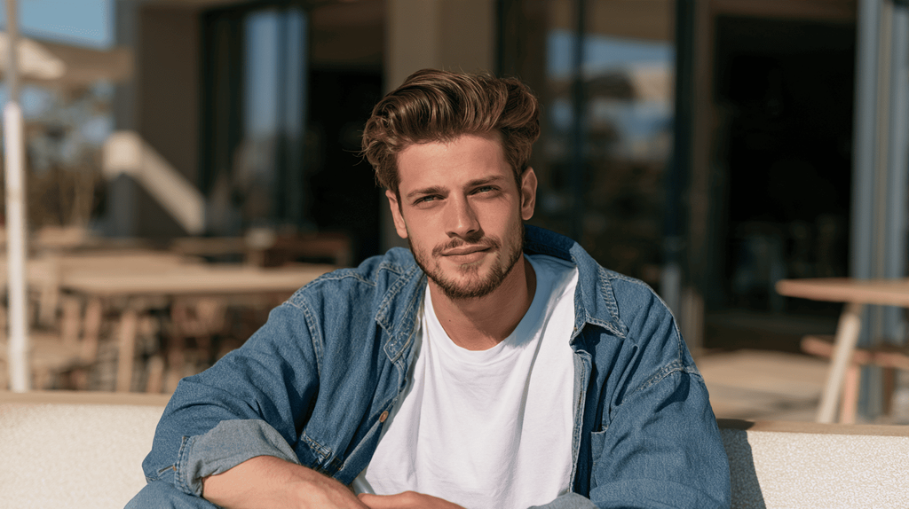 Man met een modern pompadourkapsel met kortere zijkanten en volumineus haar bovenop.