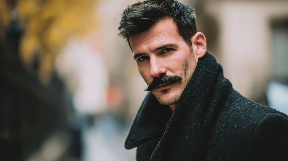 man met snor in herfstkleding tijdens Movember