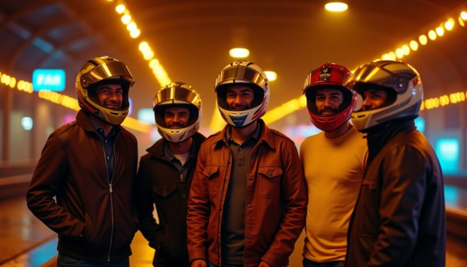 een groep mannen met helm op bij een indoor kartbaan