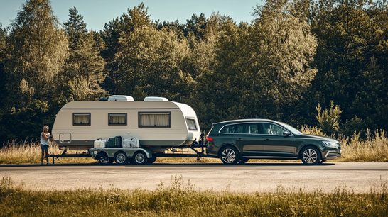 Auto met caravan langs bosrijke weg tijdens veilige vakantierit.