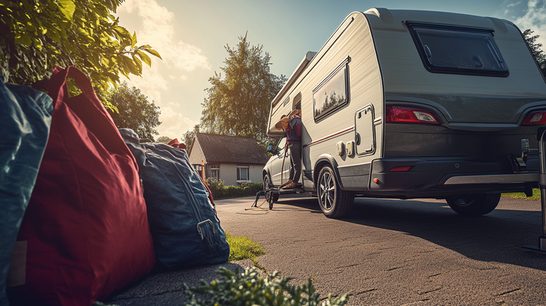 Caravan wordt ingeladen voor vertrek met reistassen op de oprit.