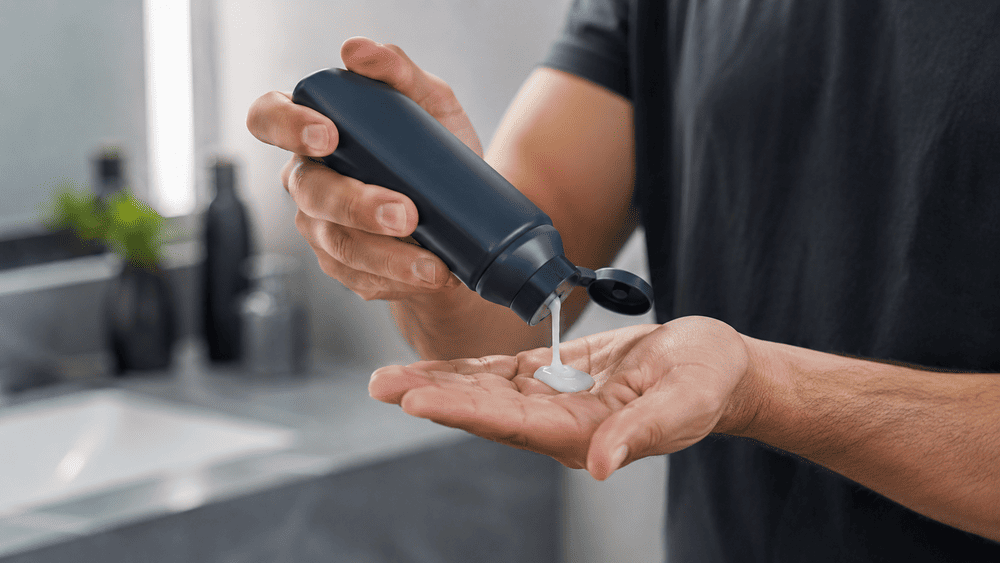 man doet de beste anti roos shampoo op zijn handen