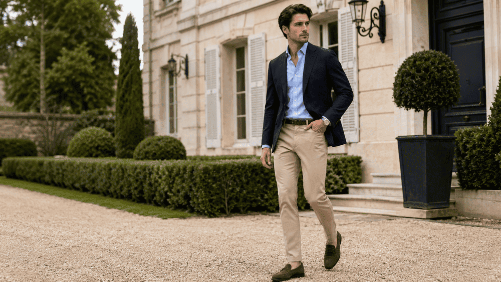 man loopt het huis uit in een old money outfit
