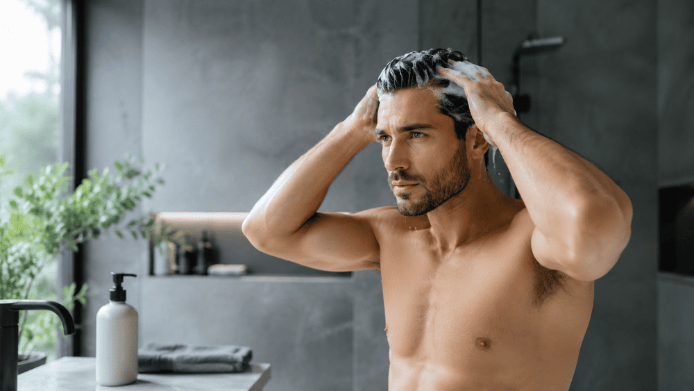 man wast zijn haren met de beste anti roos shampoo