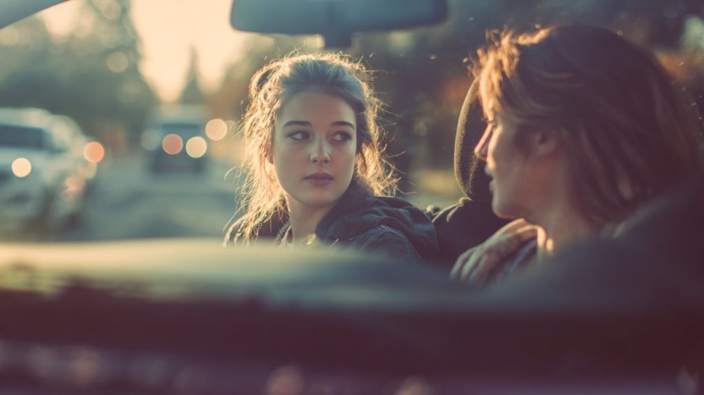 Twee jonge vrouwen kijken elkaar zelfverzekerd aan vanuit een auto tijdens een autorit bij zonsondergang