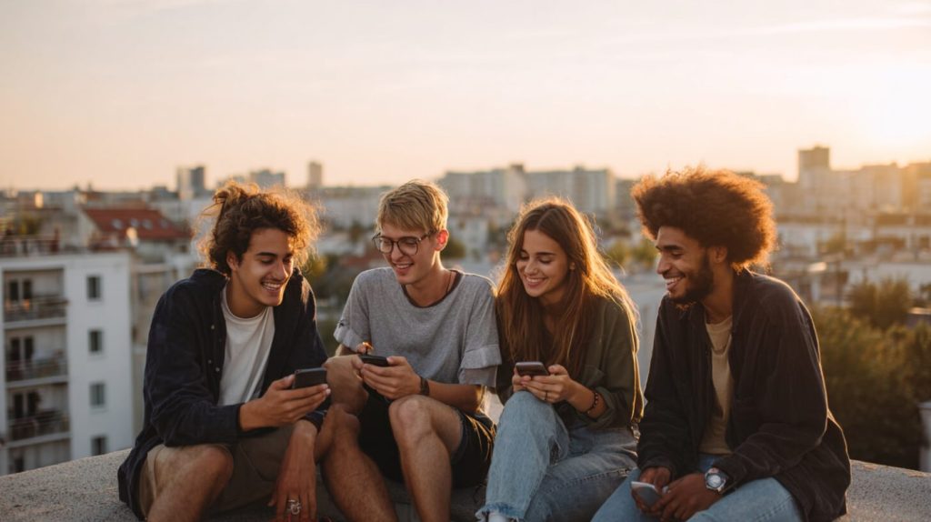 Groep vrienden op een dakterras bekijkt lachend samen hun telefoonscherm bij zonsondergang, wat de invloed van social media op sociale momenten laat zien
