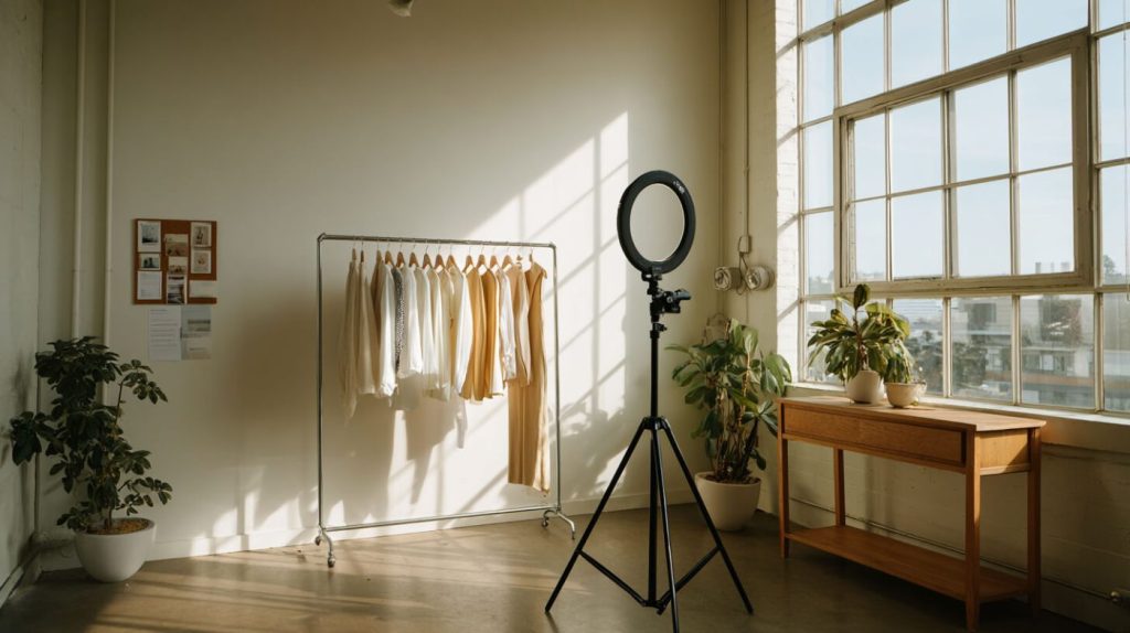 Sfeervolle contentstudio met kledingrek, ringlamp en camera-statief, klaar voor het vastleggen van nieuwe modetrends