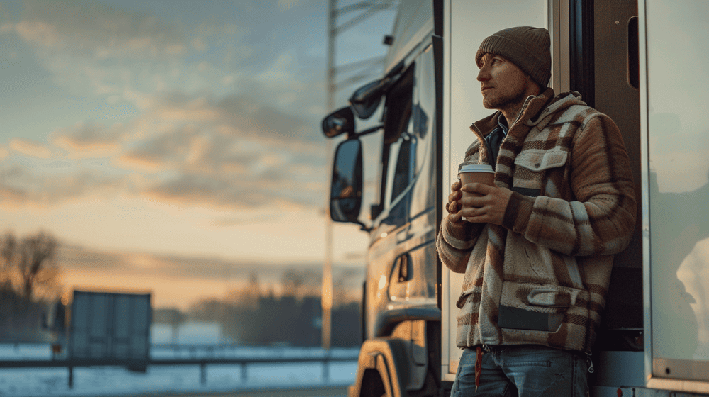 man staat naast zijn vrachtwagen te wachten met een kop koffie