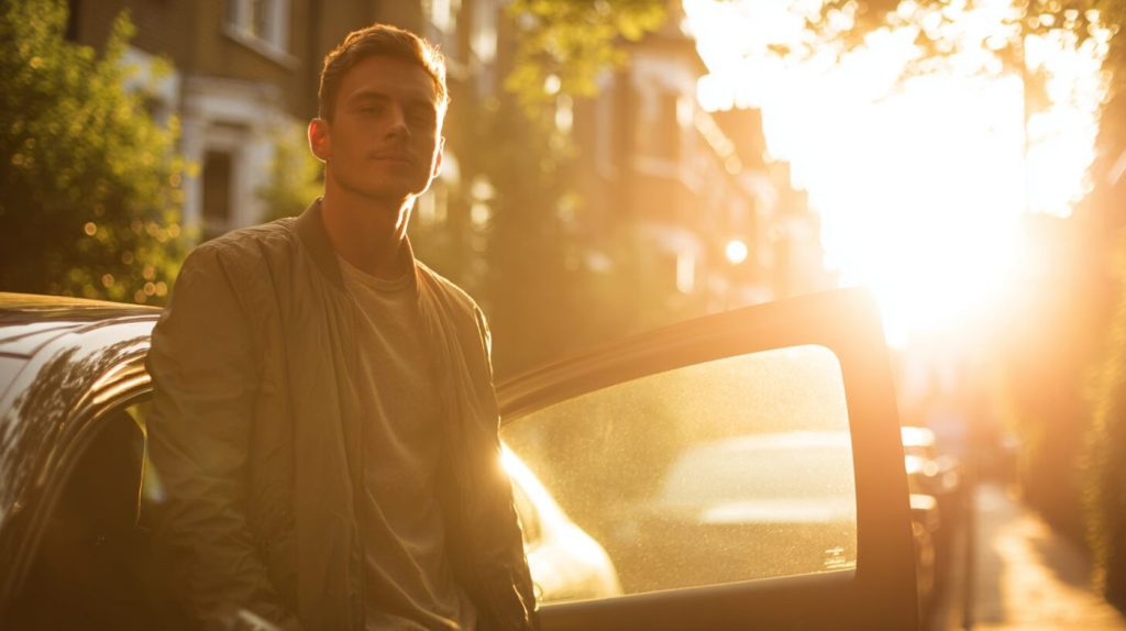 Een man stapt zelfverzekerd uit de auto op een straat met een verzorgd kapsel en gestileerde look bij zonlicht