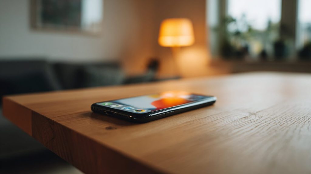 Smartphone met verlicht scherm op een houten tafel in een sfeervol verlichte woonkamer, symbool voor de constante aantrekkingskracht van social media