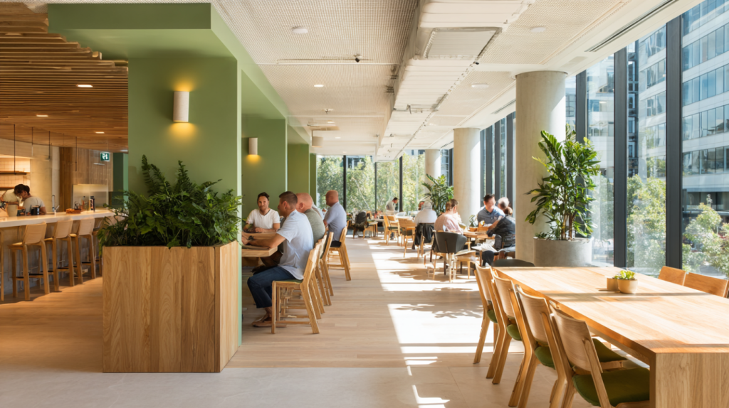 Kantine-inrichting met houten tafels en groene wanden waar collega's samen lunchen bij grote raampartijen