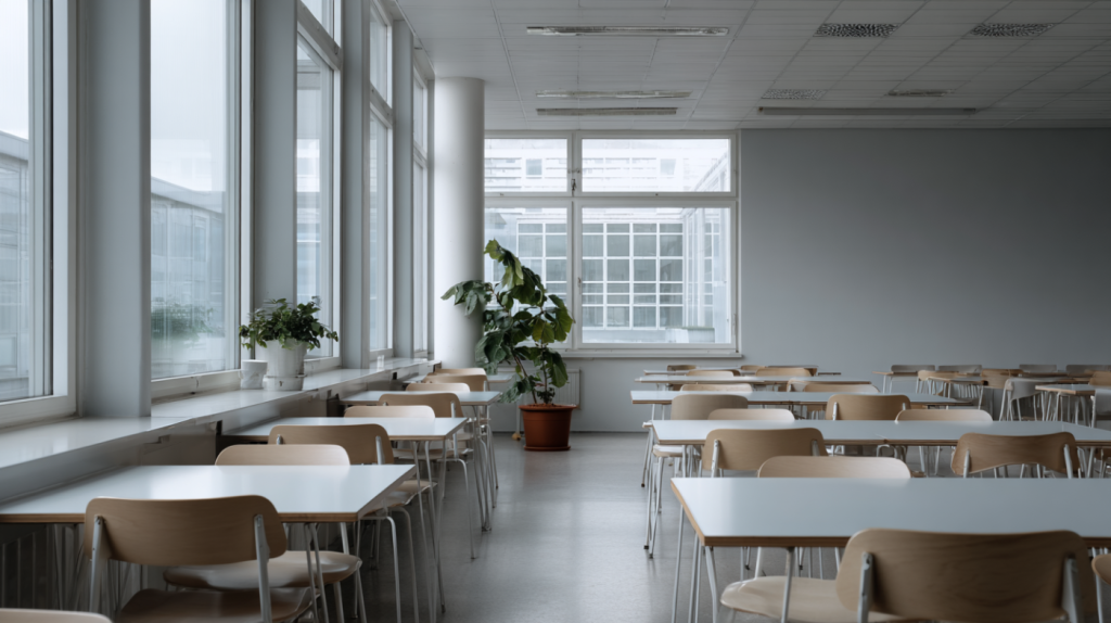 Lege kantine met houten tafels en stoelen langs grote ramen, met planten en daglicht op de werkvloer