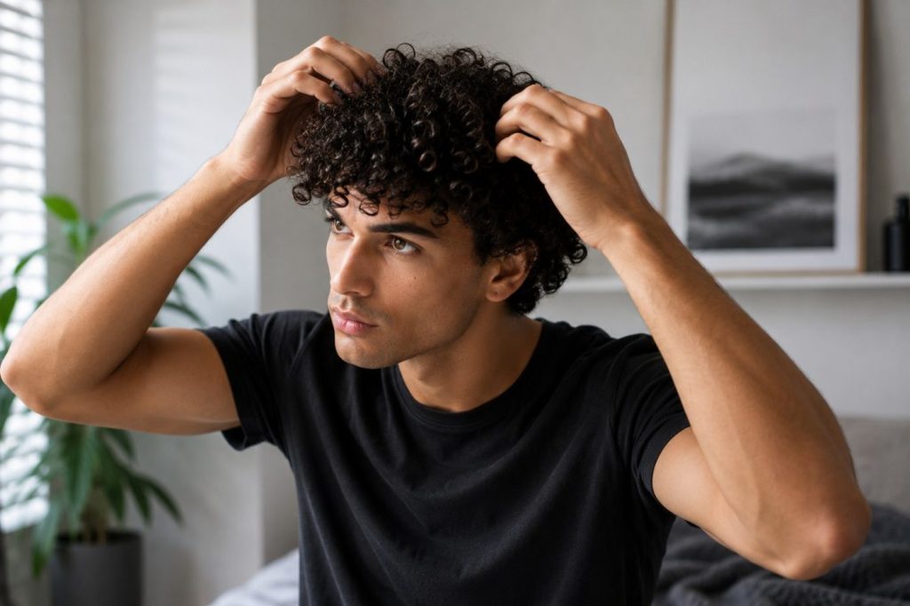 man met zwart shirt krullend haar styling