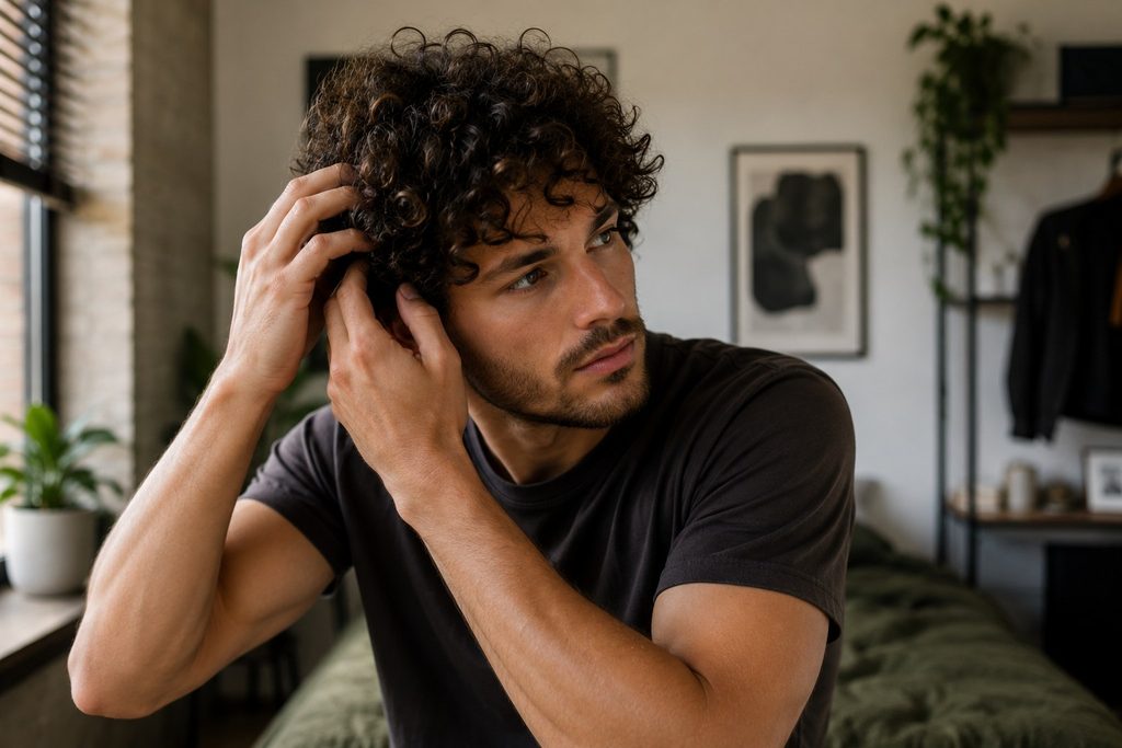 haar stylen man t-shirt krullend haar