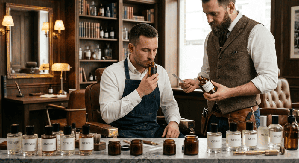 man probeert verschillende geurnoten bij een barbier