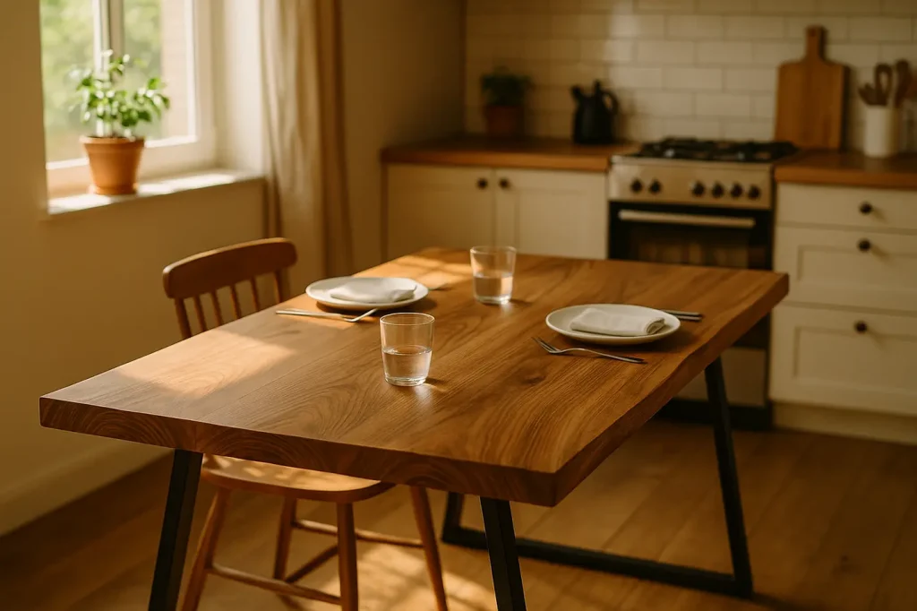 Warme keuken met unieke houten tafel, industriële poten en natuurlijk licht