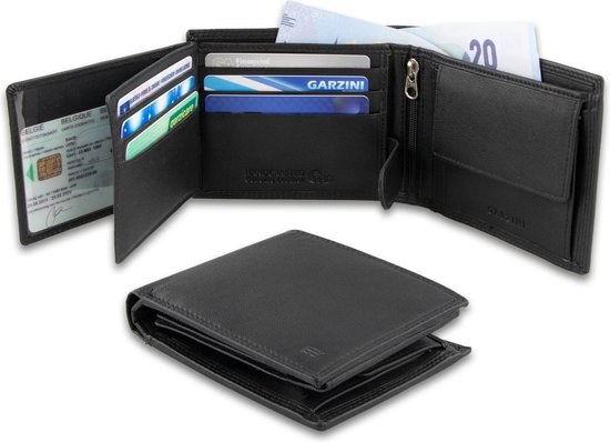 Garzini heren portemonnee leder, portefeuille RFID, tijdloos billfold model muntvak, briefgeldvak, 15 pasjes, Zwart