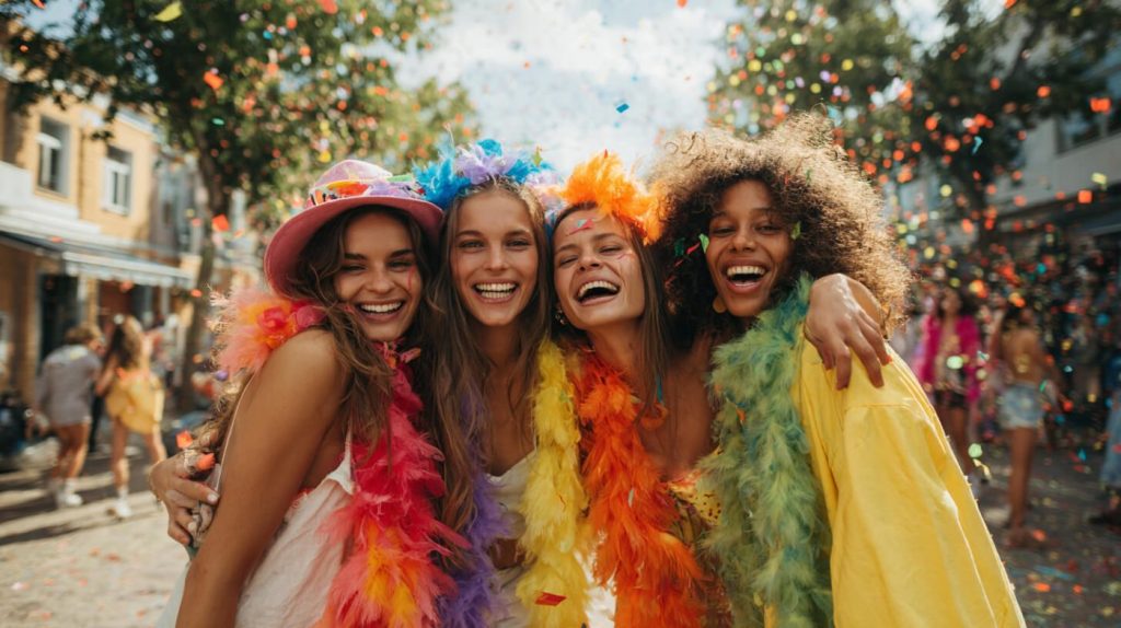 Vier vriendinnen lachen samen in kleurrijke carnavalskleding met verentooien tijdens een straatfeest vol confetti