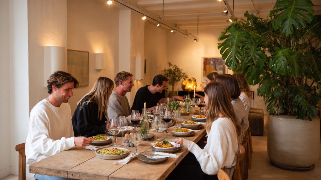 Groep vrienden eet samen aan een lange houten tafel naast een grote kunstplant met monsterabladeren in een ronde pot