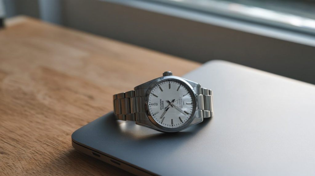 Zilverkleurig horloge met stalen band ligt op de gesloten deksel van een laptop op een houten bureau