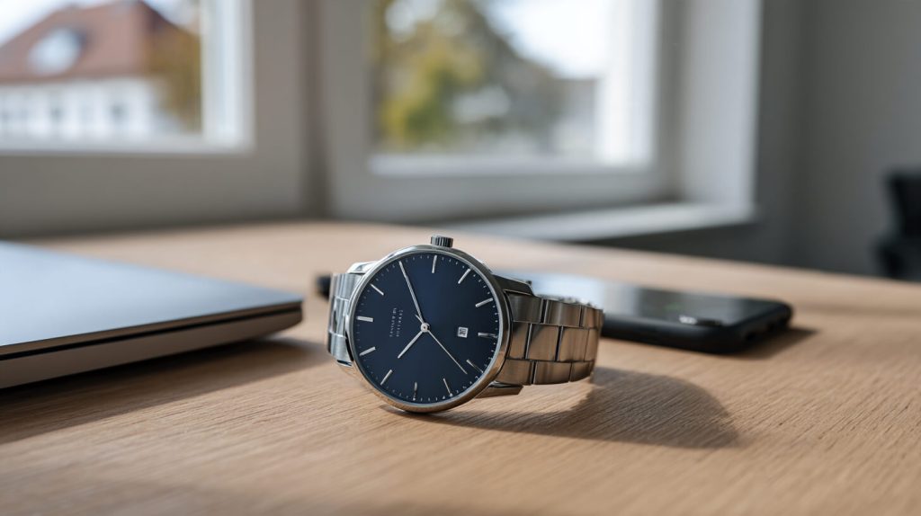 Stalen horloge met blauwe wijzerplaat ligt op een houten bureau naast een gesloten laptop en een smartphone