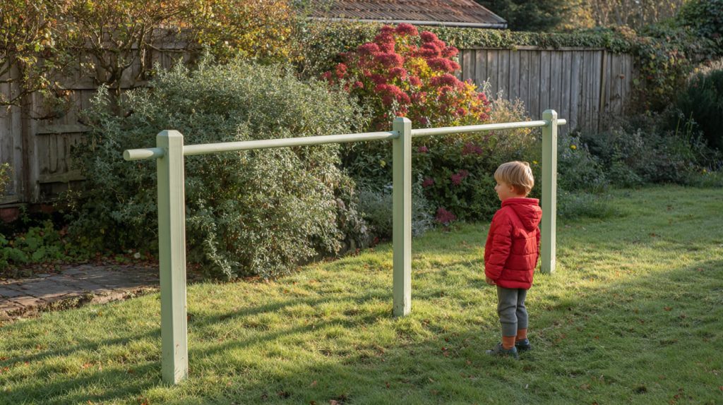 Kind in een rode jas staat naast een lichtgroen duikelrek op het gazon van een zonnige tuin met bloeiende struiken