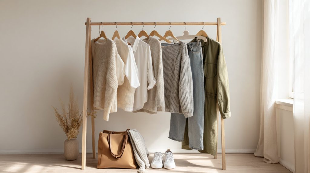 Houten kledingrek met truien, een witte blouse, jeans en een groene jas in neutrale tinten, met een tas en sneakers eronder