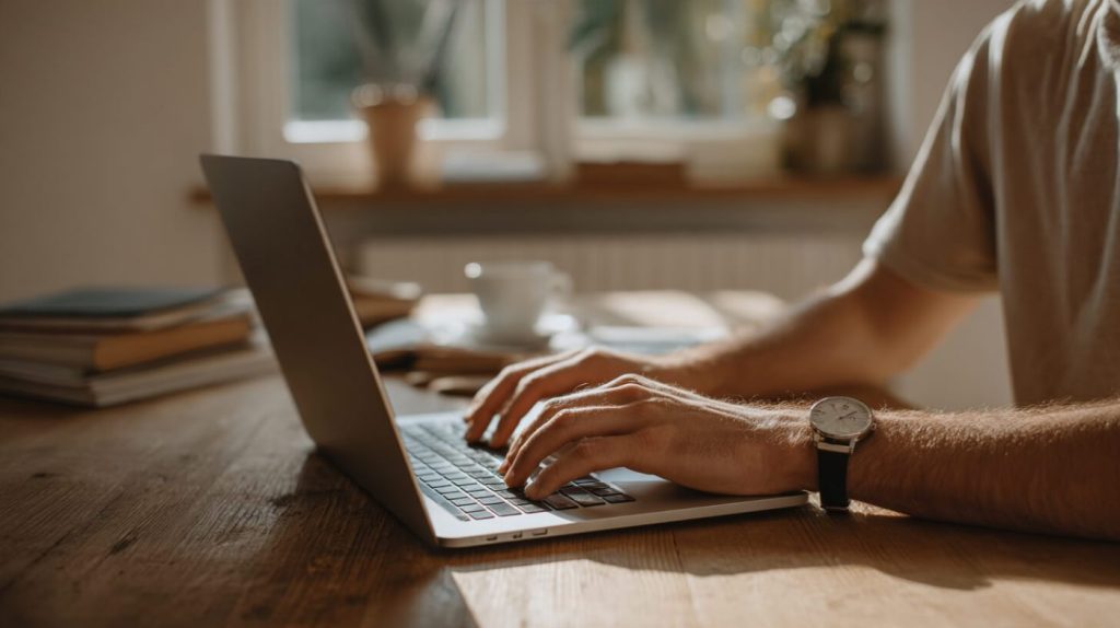 Man typt op een laptop terwijl zijn horlogeband op de rand van de behuizing rust, met boeken en een koffiekopje op de houten tafel