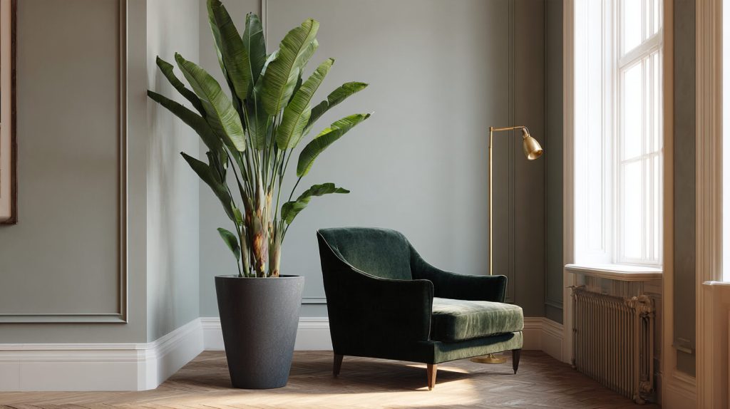Grote kunstplant met brede groene bladeren in een antracietkleurige pot naast een groene fluwelen fauteuil