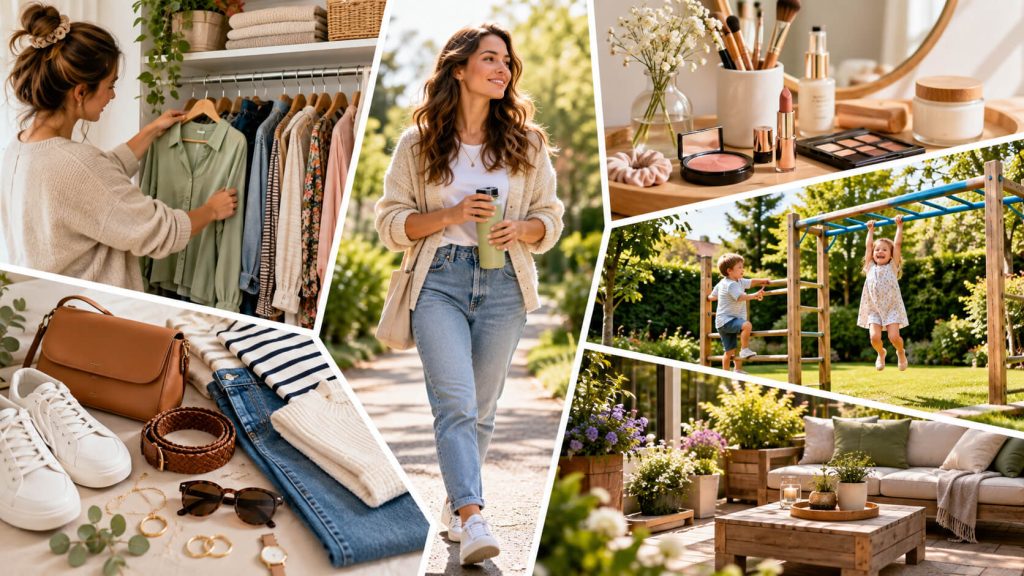 Collage met een frisse lifestyle: kleding kiezen, make-up, een wandeling, kinderen op een klimrek en een loungehoek in de tuin