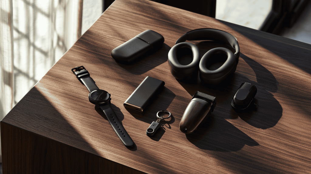 gadgets voor mannen op een houten bureau