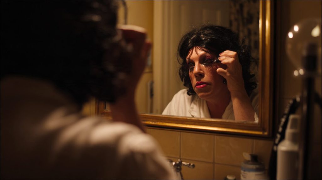 Vrouw brengt make-up aan voor de spiegel met donkere pruik en dramatische ogen ter voorbereiding op een verkleedfeest