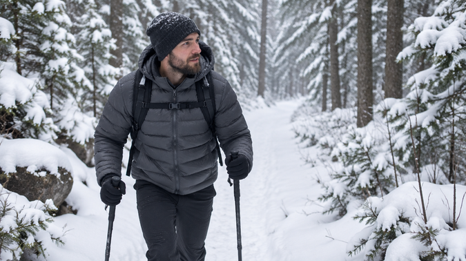 Een man in de sneeuw in het bos, met een puffer jacket aan