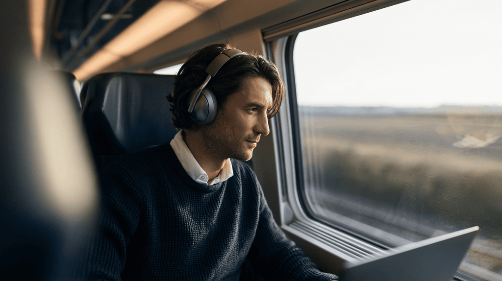 man met koptelefoon en laptop in de trein