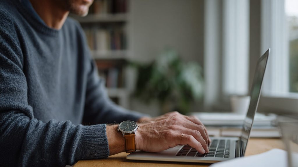 Man typt op een laptop aan een houten bureau met een horloge met bruin leren bandje om zijn pols