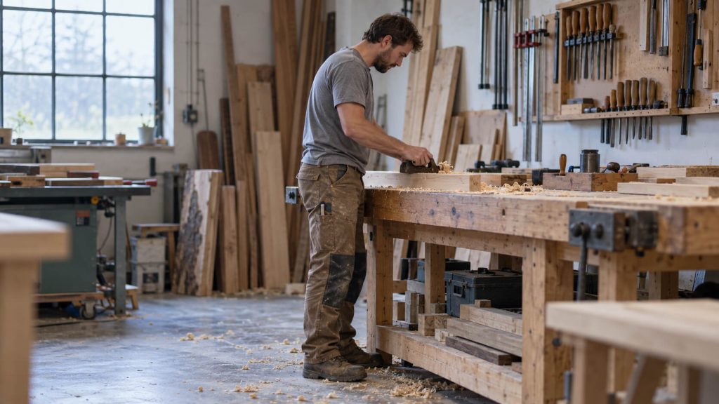 Timmerman in grijs shirt en bruine werkbroek met versterkte knieën schaaft hout aan een werkbank in een houtwerkplaats