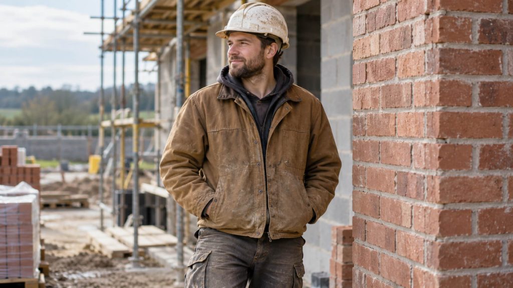 Bouwvakker met helm en bruine canvas werkjas staat bij een bakstenen muur op een bouwplaats met steigers