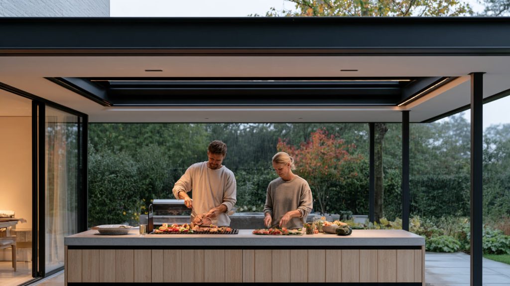 Buiten koken onder een moderne overkapping tijdens een regenachtige herfstdag