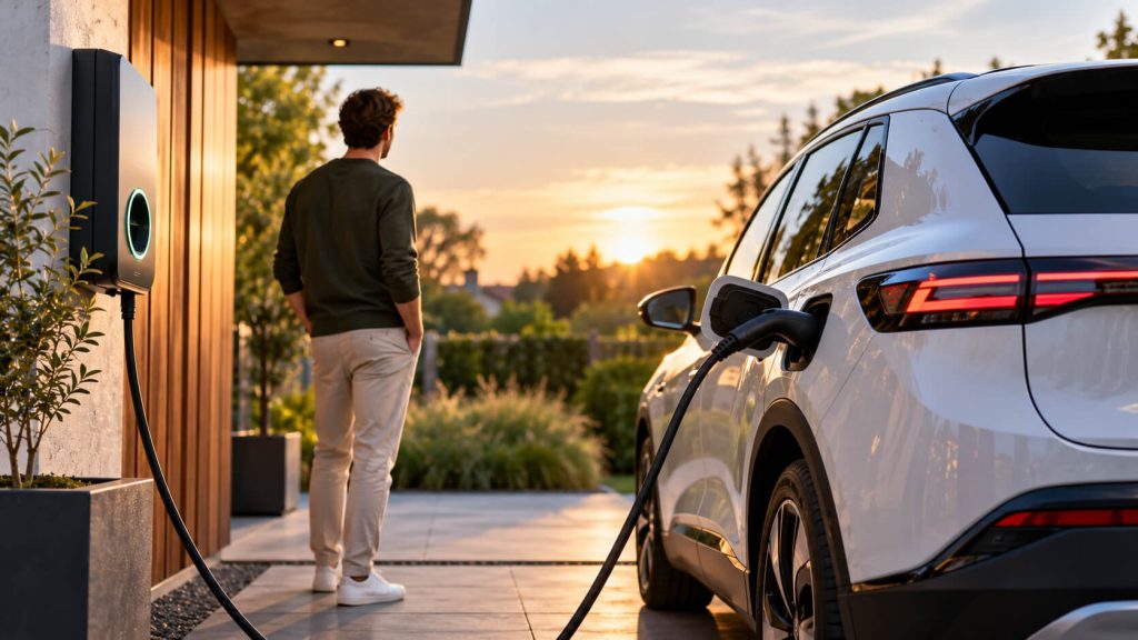 Man kijkt naar de zonsondergang terwijl zijn witte elektrische auto thuis oplaadt via een laadpunt aan de gevel