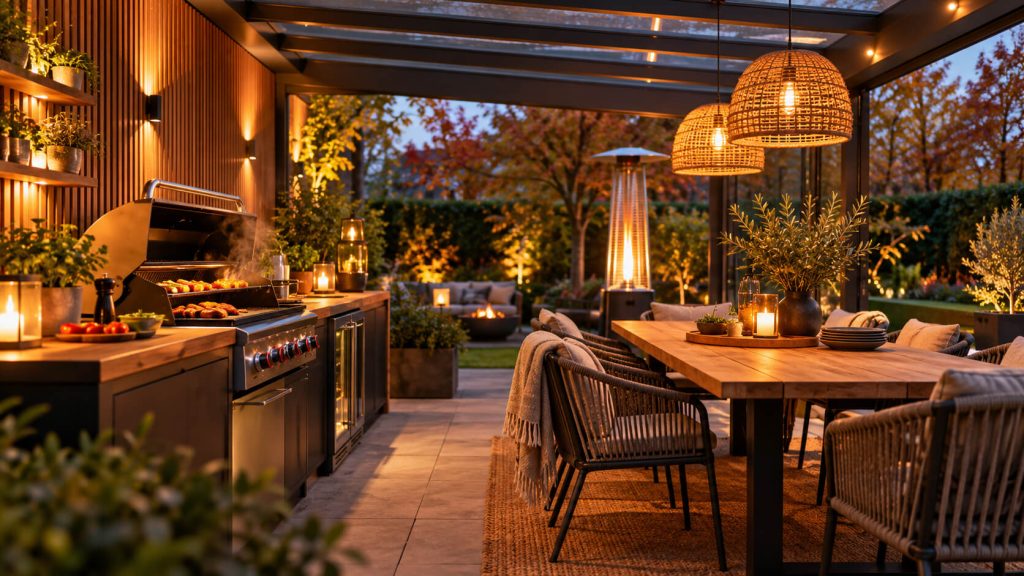 Overdekte buitenkeuken met barbecue en eettafel bij sfeervol avondlicht