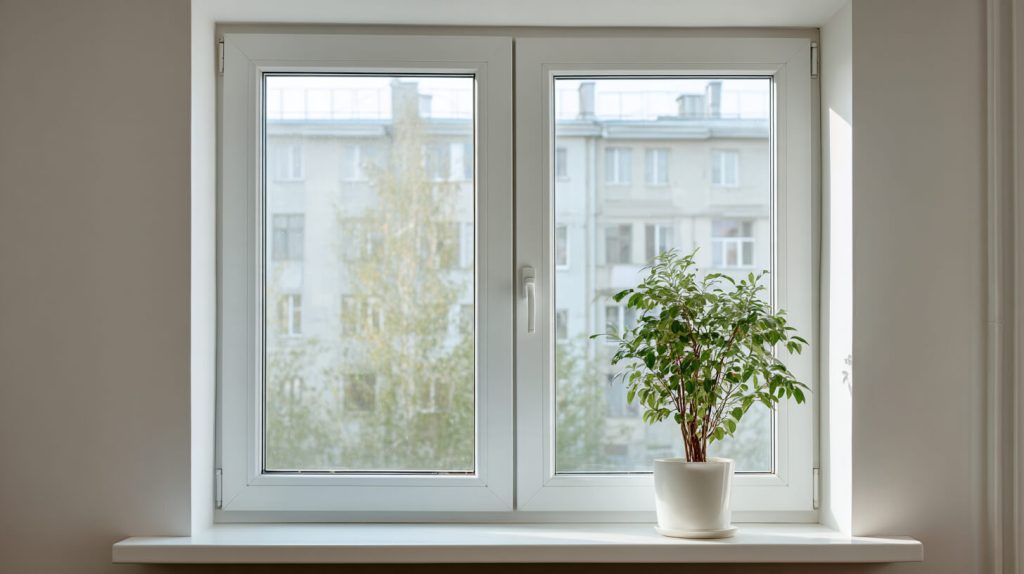 Gesloten wit kunststof raam met een plant op de vensterbank, een eerste stap in de inbraakpreventie thuis