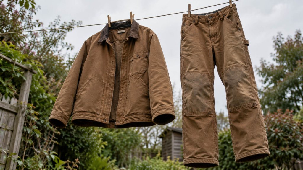Bruine canvas werkjas en werkbroek met versterkte knieën hangen te drogen aan een waslijn in een tuin