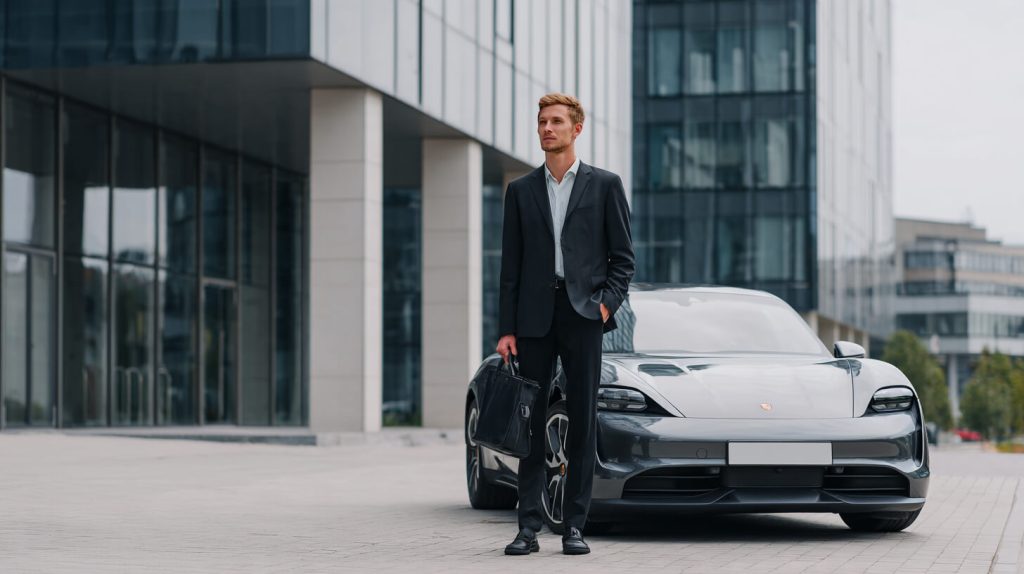 Zakelijke rijder in pak met een laptoptas staat naast een grijze elektrische sportwagen voor een kantoorgebouw