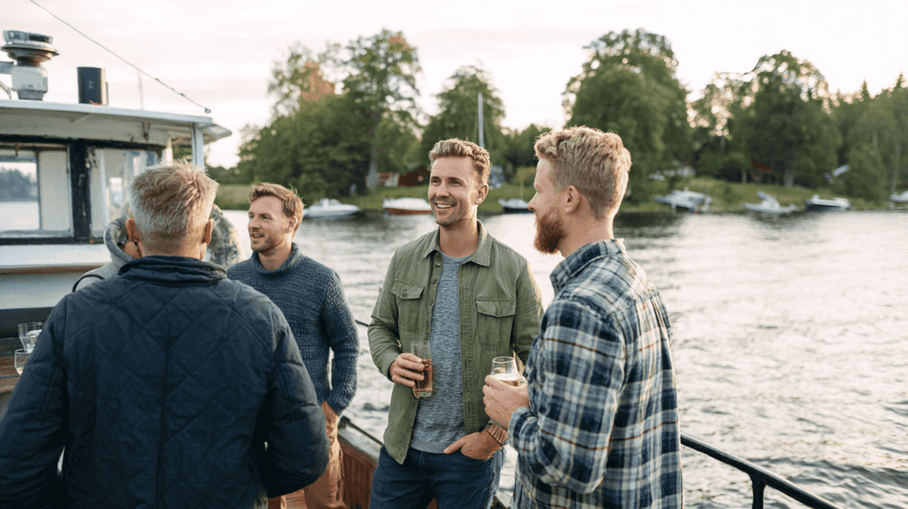 groep mannen met een drankje op een boot