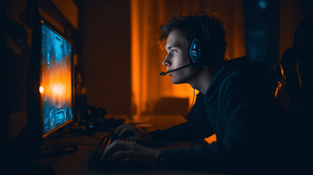jongeman is online aan het gamen aan zijn bureau