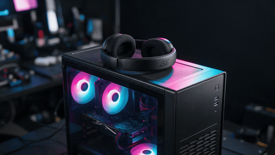 Een koptelefoon die op een gaming pc ligt
