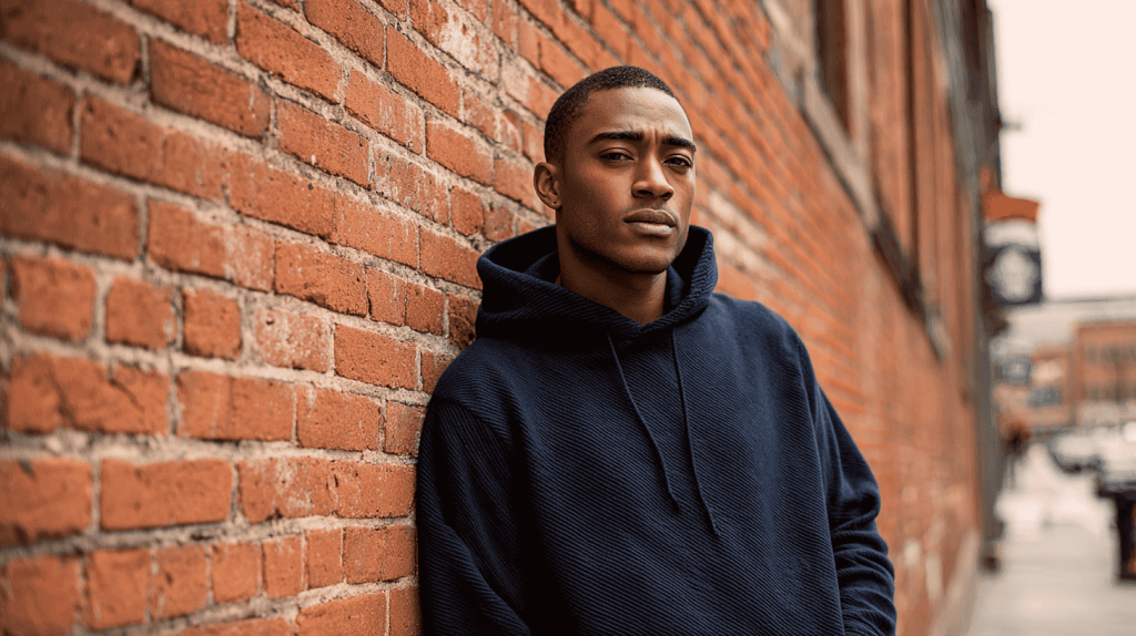 man in hoodie leunt tegen de muur