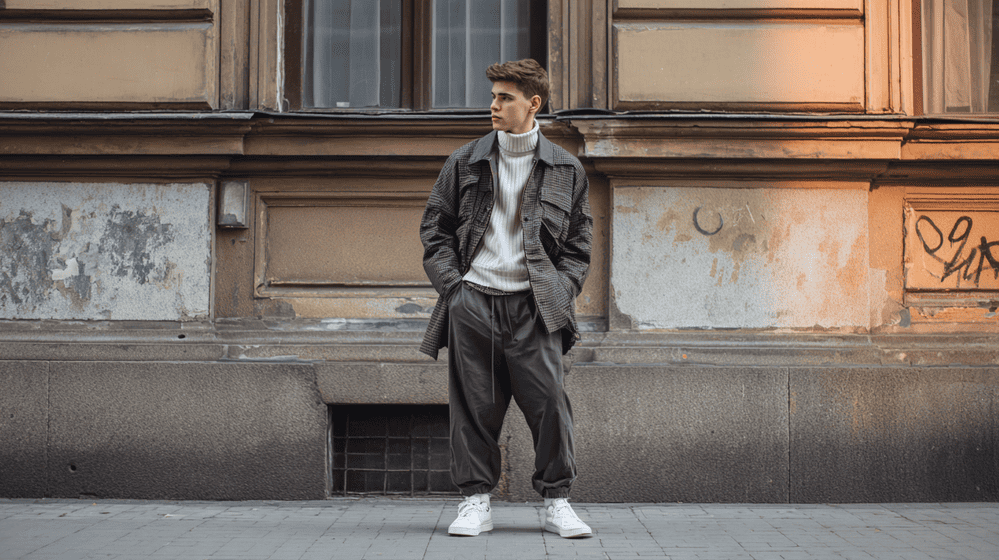 man met een gelaagde outfit van een coltrui, een overshirt en witte sneakers